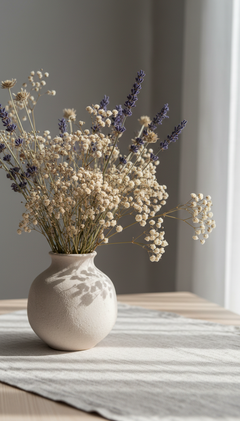 A pale ceramic vase filled with delicate dried wildflowers, including sprigs of lavender and ivory baby's breath, stands against a smooth, muted gray wall. The vase sits on a simple, linen-covered table, its organic matte surface softly catching the afternoon light filtering through a sheer curtain. Subtle shadows from the wildflowers drift across the table, conveying a serene and contemplative atmosphere. Captured at eye level with a shallow depth of field, the focus remains on the intricate textures of the dried blooms, while the background gently recedes out of focus. Minimalist and inviting, the composition echoes the nuanced themes of life, faith, and memory explored in thoughtful essays.